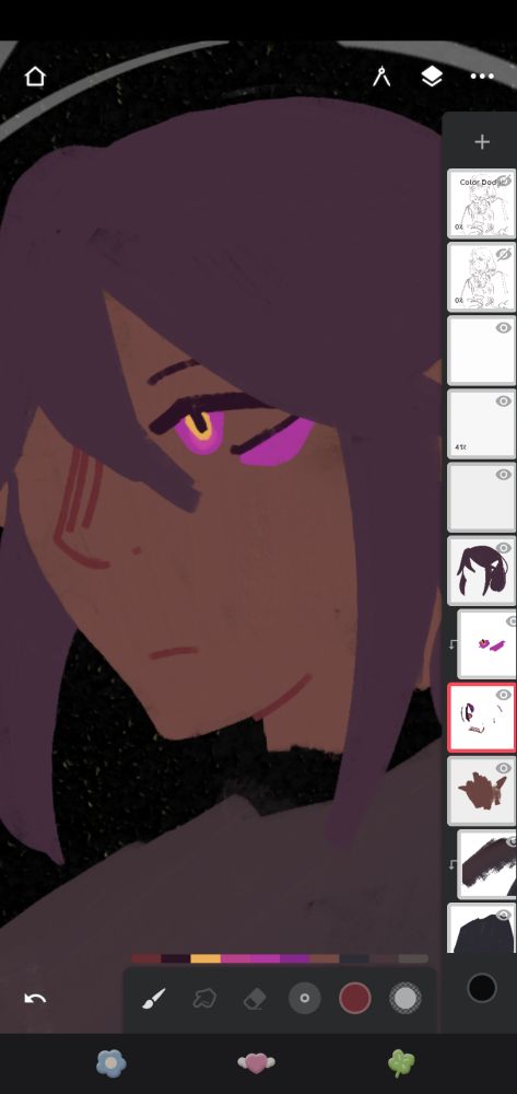 A screenshot of an unfinished digital painting. The subject's eyes are in particularly bright color in a muted, dark palette. End ID.