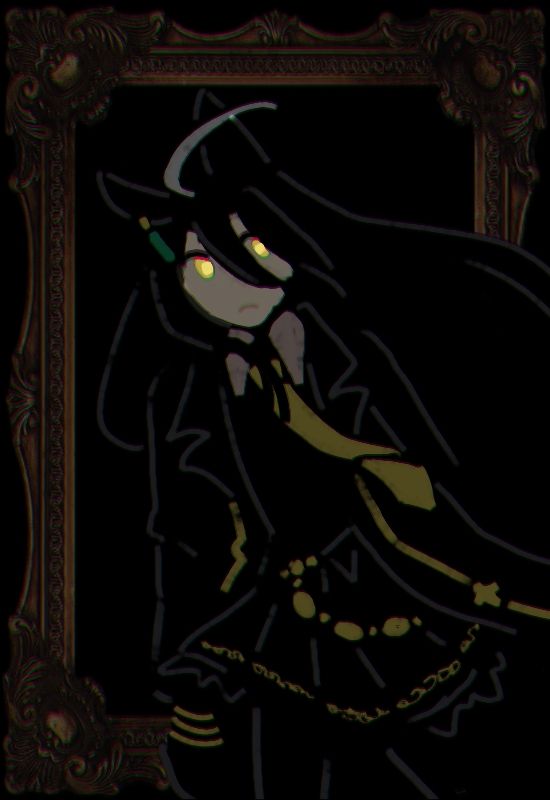 Manhattan cafe from uma musume standing in front of an empty, ornate frame in the dark. Her pale yellow eyes glow softly. End ID.