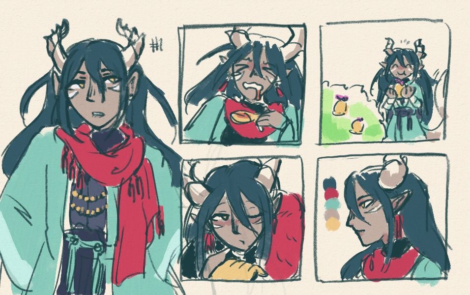 a set of colored sketches of Caldarus, a character with long hair and dragon horns. on the right are four small vignettes. clockwise: caldarus tasting some cooking and grimacing; eating a bell berry; looking to the side; kissing someone's hand. end ID.