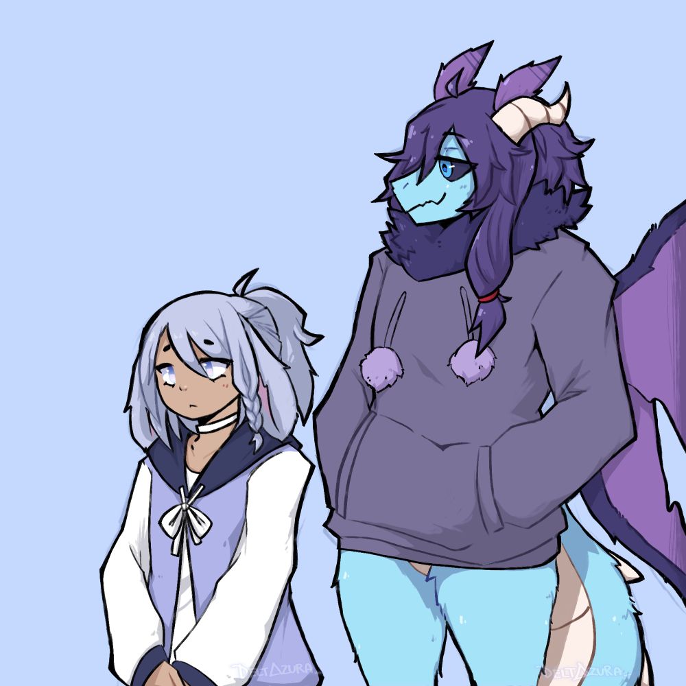 stylized rendition of dryzl standing beside their friend delta, beautifully rendered by deltazura.bsky.social