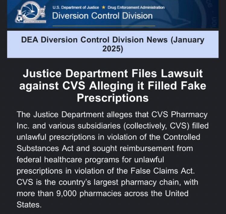 Justice Department files lawsuit against cbs alleging it filled fake prescriptions 
