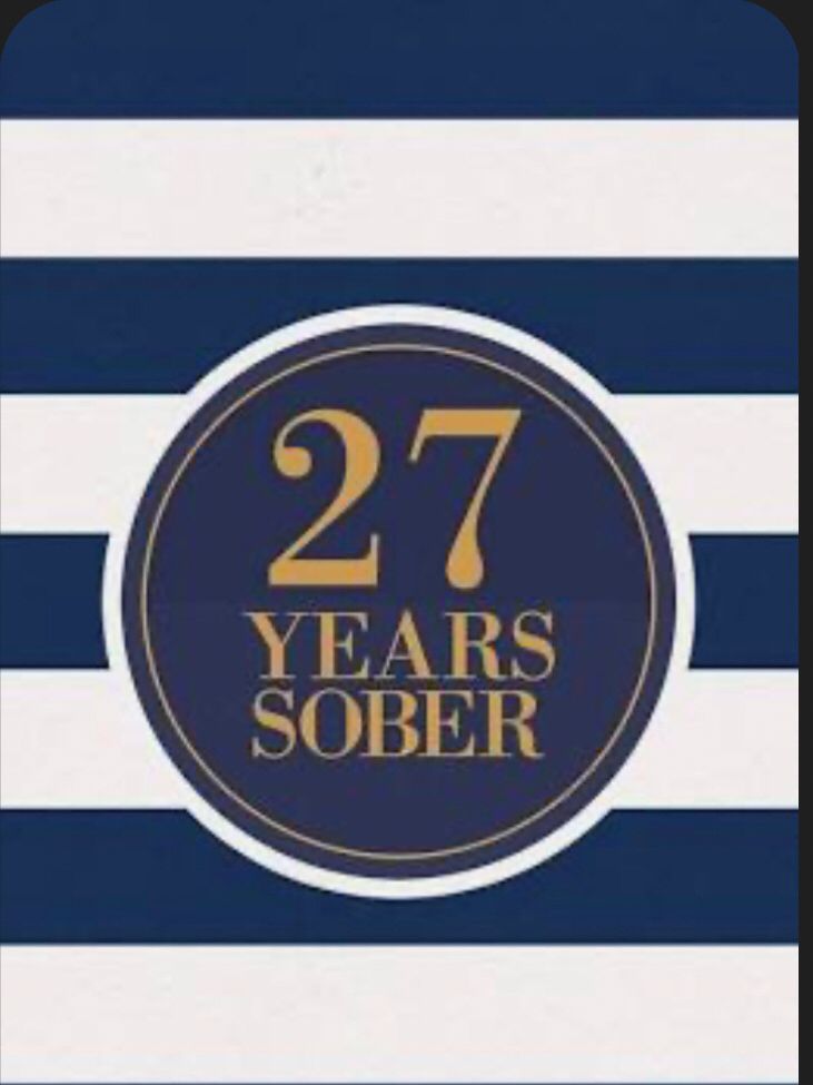 Text says 27 years sober in a blue circle on a blue and white background 