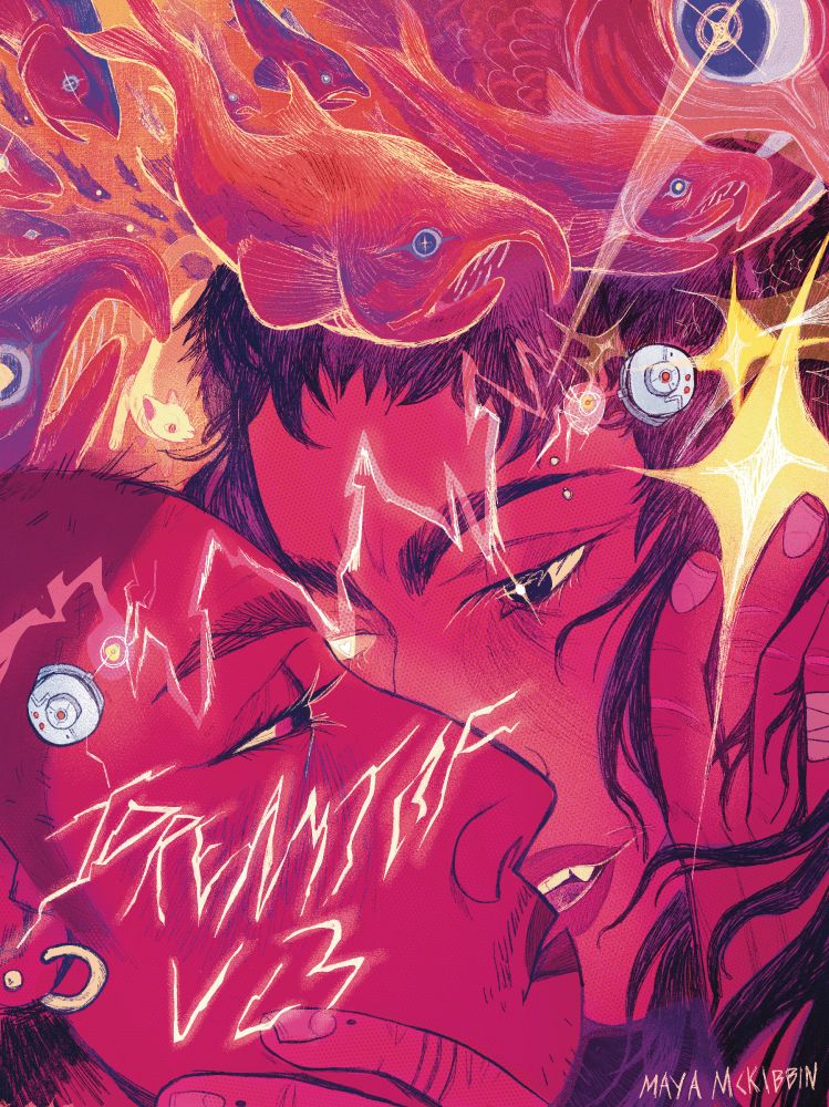 Cover of a comic called I DREAMT OF YOU by Maya McKibbin. The image is largely pink with yellow, purple, and orange accents. It's a close-up of two faces embracing each other's faces, looking into each other's eyes, like they're about to kiss. They each have cyberpunk, circular gadgets on the sides of their heads, which are connected by jagged white lightning. Above their head are ghostly salmon. 
