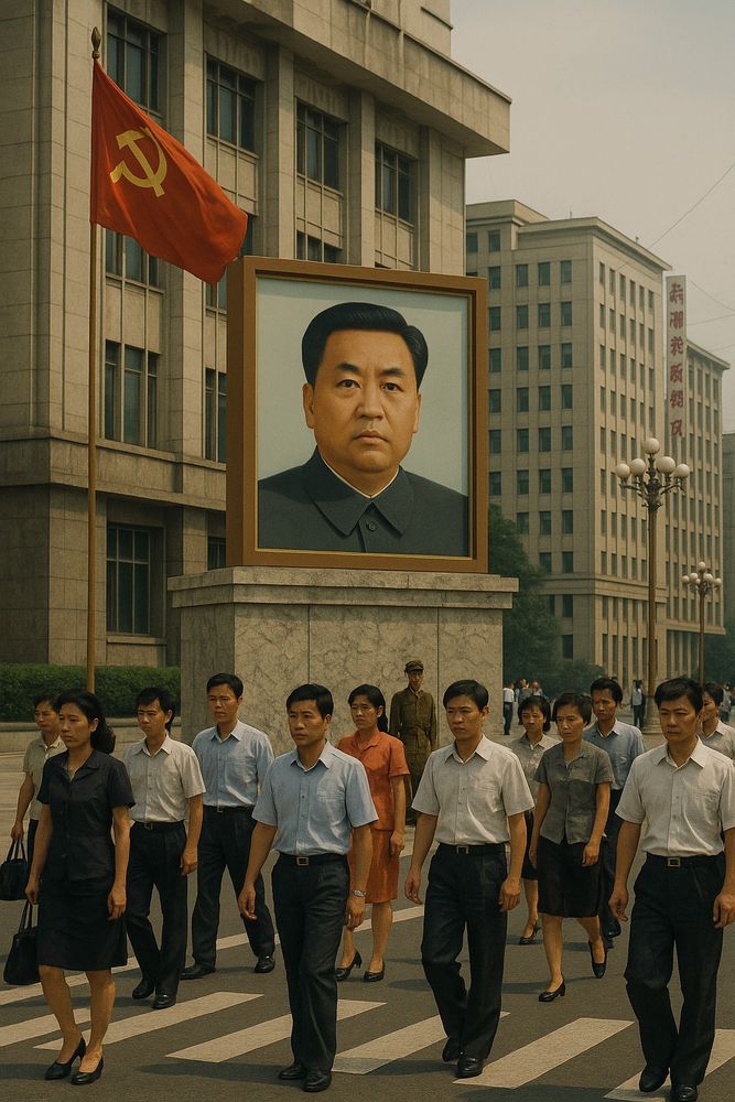 A photorealistic image portraying a street in China with a large image of a fictitious leader, and numerous people of Asian descent standing and staring in a zombie like fashion in the middle of the street.