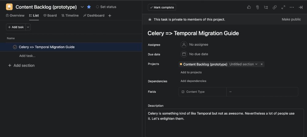 Entries from the Google Sheet showing up in Asana, in this case a Celery => Temporal Migration Guide