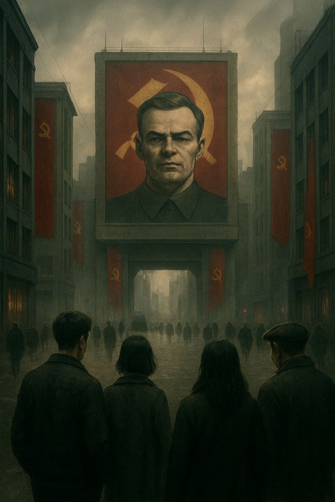 People gathered around a dreary looking square, depicted from behind, gazing up at a male leader depicted in a highly visible place on the side of a building. Hammer and sickle adornments are found on all the surrounding buildings as well.