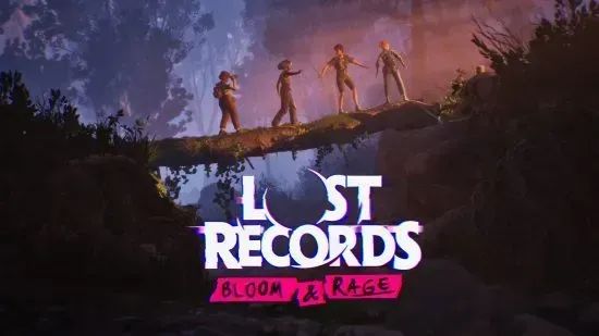 a promotional image for LOST RECORDS: BLOOM & RAGE. four teenage girls walk across a log that connects two riverbanks in a forest. beneath them is the game's logo in white, purple, and pink. 
