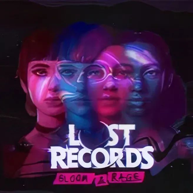 a promotional image for LOST RECORDS: BLOOM & RAGE. we see four teenage girls from the neck up, staring straight ahead, their faces blending into one another. they are lit by otherworldly pink, purple, and blue light. the game's logo appears at the bottom.