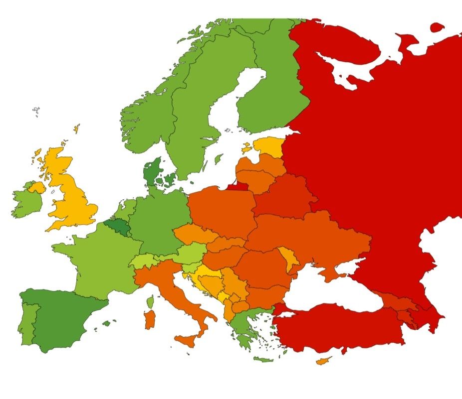 The 2025 Rainbow Map, showing all of Central, Southern, and Eastern Europe and the UK, with the exception of Spain, Portugal, Greece, and Slovenia in yellow, orange, or worse shades