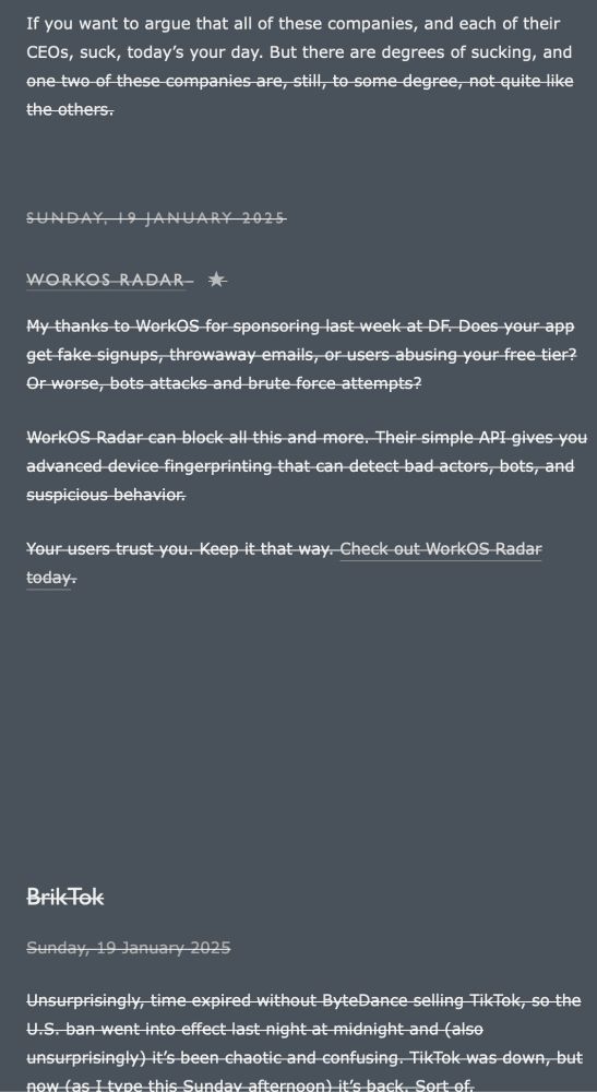 DaringFireball.net screenshot with many lines of text rendered with strike-through, probably unintentionally. 