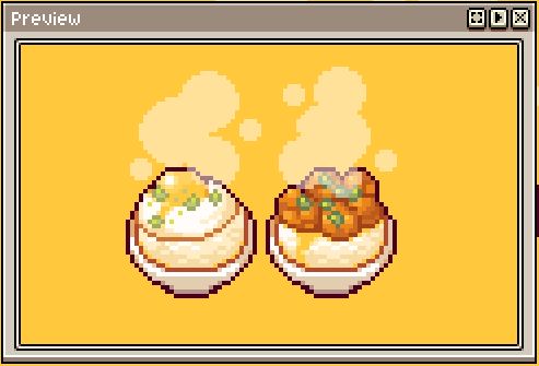 A pixel art illustration of two bowl of rice, one with fried eggs on top of it, the other with fried chicken on top of it.