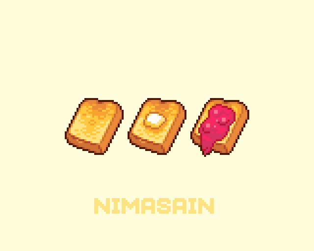 A pixel art sprite of three pieces of toast. The first one is a toast without anything on top of it. The second one is a toast with butter on top of it. The third one is a toast with strawberry jam on top of it.