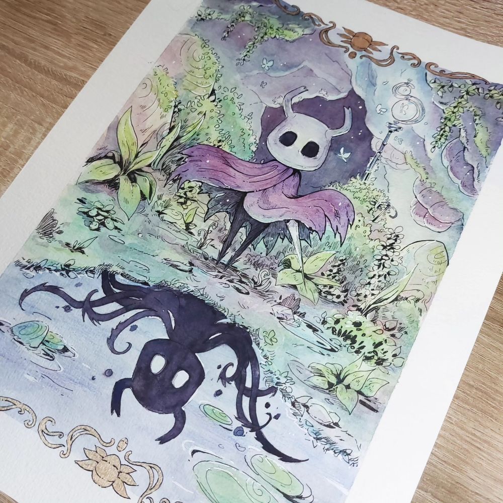 Aquarelle du Hollow knight face à un étang, dans l'eau son reflet noir