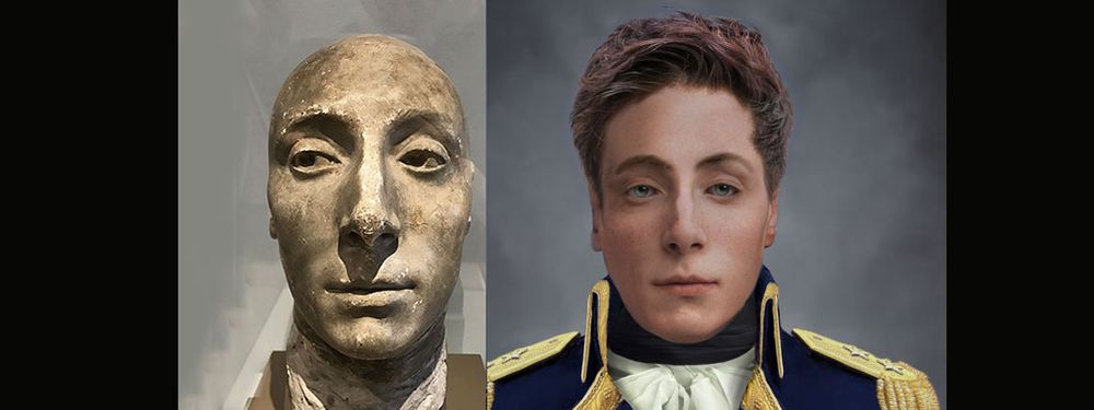 A life mask and artistic facial reconstruction, side-by-side, of Gilbert du Motier, Marquis de Lafayette. 