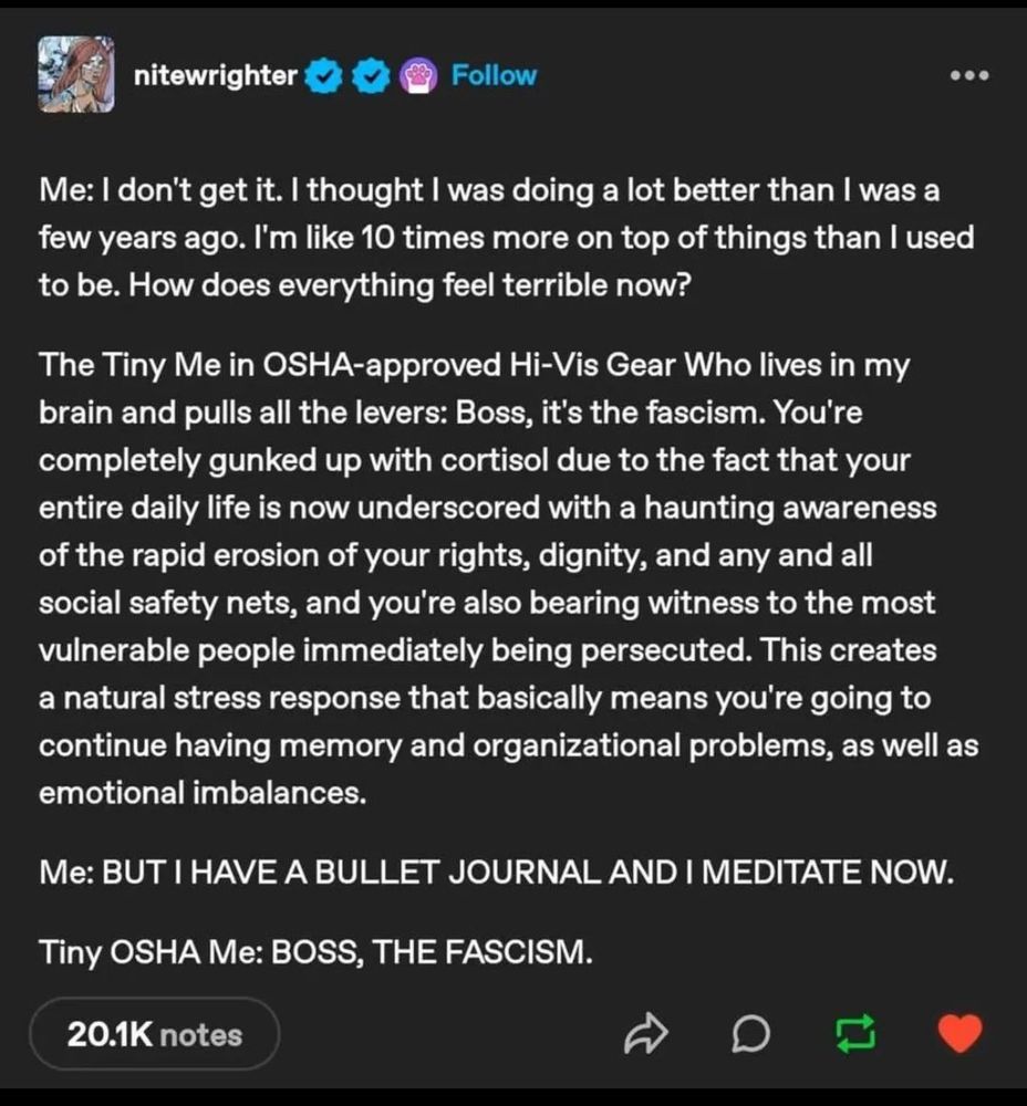 tumblr post from nitewrighter-

Me: I don't get it. I thought I was doing a lot better than I was a few years ago. I'm like 10 times more on top of things than I used to be. How does everything feel terrible now?
The Tiny Me in OSHA-approved Hi-Vis Gear Who lives in my brain and pulls all the levers: Boss, it's the fascism. You're completely gunked up with cortisol due to the fact that your entire daily life is now underscored with a haunting awareness of the rapid erosion of your rights, dignity, and any and all social safety nets, and you're also bearing witness to the most vulnerable people immediately being persecuted. This creates a natural stress response that basically means you're going to continue having memory and organizational problems, as well as emotional imbalances.
Me: BUT I HAVE A BULLET JOURNAL AND I MEDITATE NOW.
Tiny OSHA Me: BOSS, THE FASCISM.