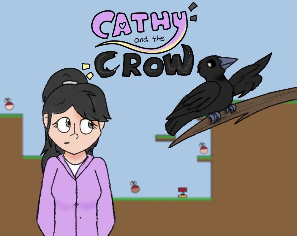 A cover art for a game called Cathy and the Crow. It shows a woman with black hair wearing a purple shirt who is looking at a crow on a branch next to her. Behind them is a blurry scene hinting at the genre of the game which is a platformer.