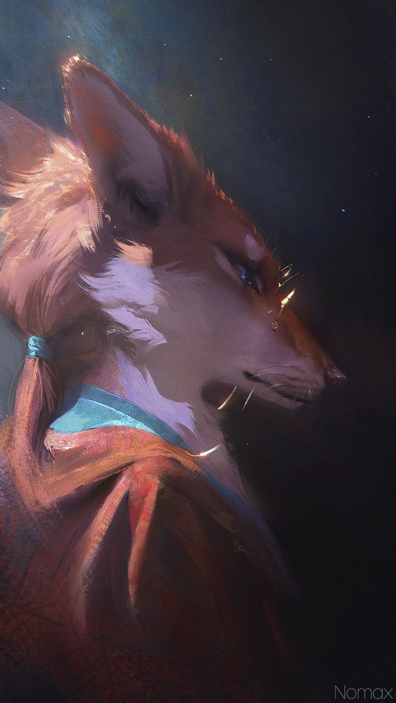 A side-profile portrait painting of Smallyu's dhole character, wearing their golden glasses and their traditional Chinese dress, while being lit from behind.
