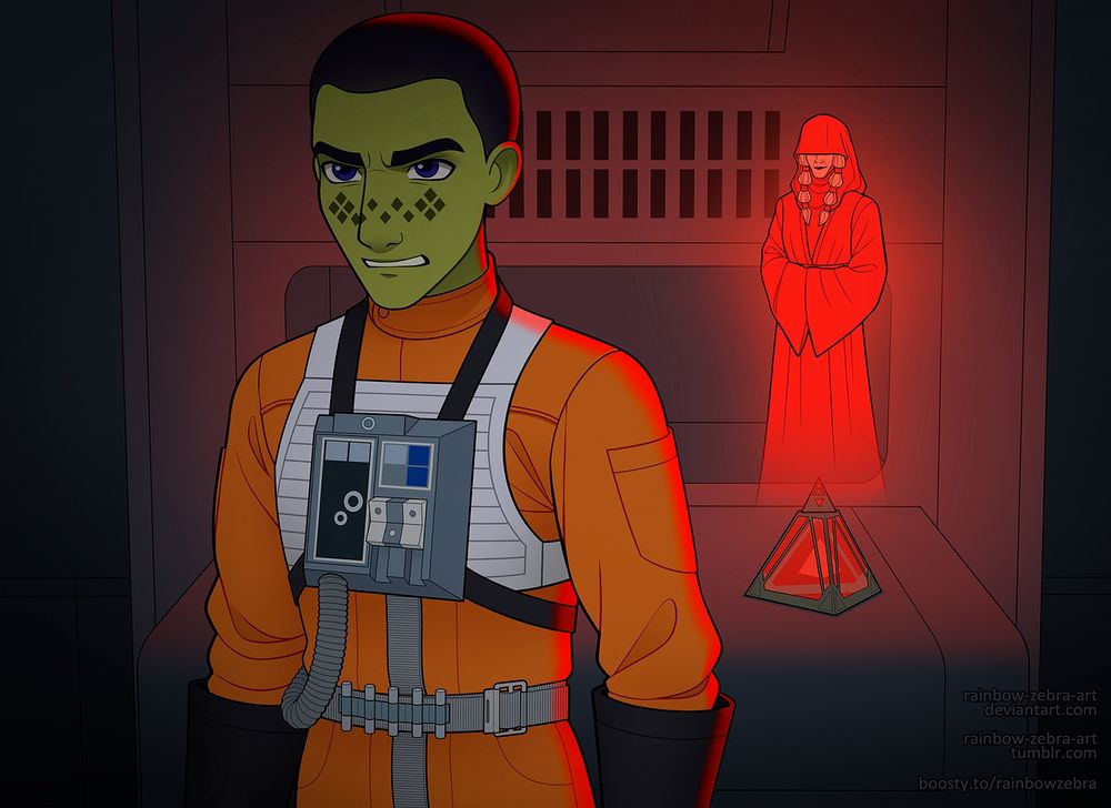 Commission artwork for the Star Wars AU called "Rebels Project". Ezra Bridger as a Mirilian, standing with an angry expression on his face, with the Sith holocron behind him. The Darth Traya hologram emanating from the holocron.