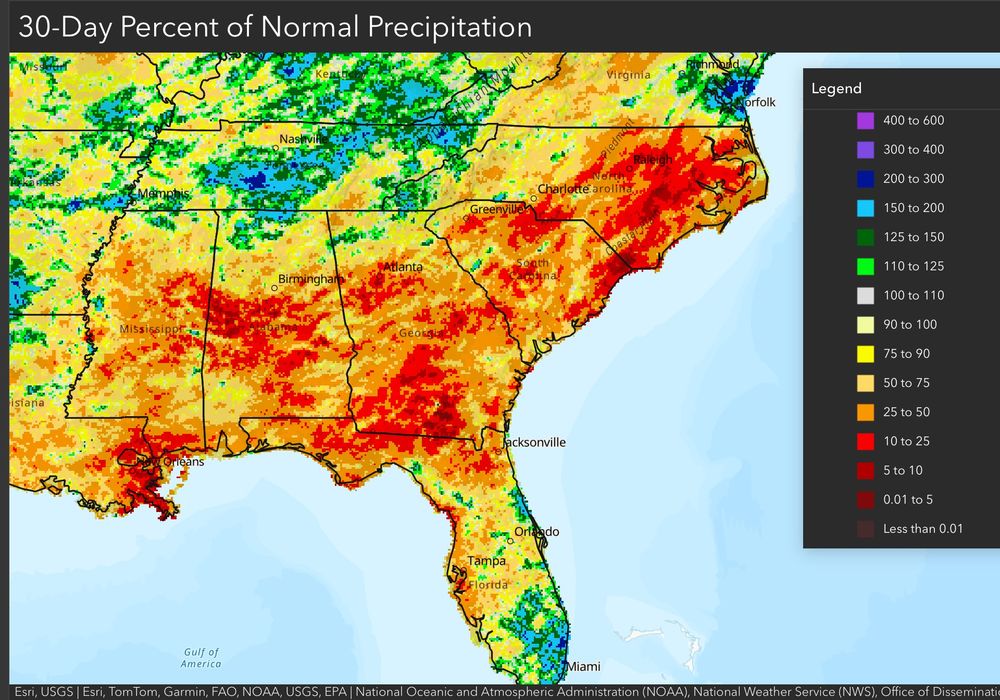 30-day rainfall anomalies expressed as a percent of normal across the Southeast. Orange to red areas have seen less than half of normal rainfall the past 30 days, with many areas from the Carolinas to Georgia, northern Florida, Alabama, Mississippi and Louisiana experiencing <25% of normal rainfall.