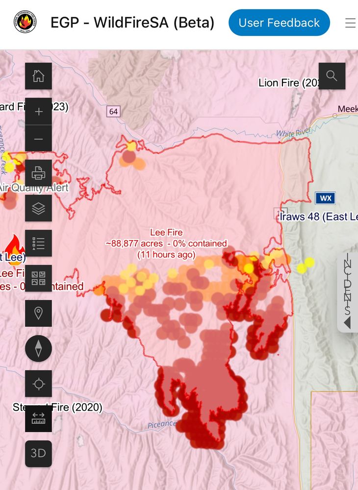 Wildfire EGP showing the footprint and new heat on the Lee Fire in western Colorado. Red
dots denote the most recent satellite-detected heat. The right flank of the fire became the head fire as winds turned NW/N behind a front last night. The fire is estimated at 88,877 acres and 0% contained. 