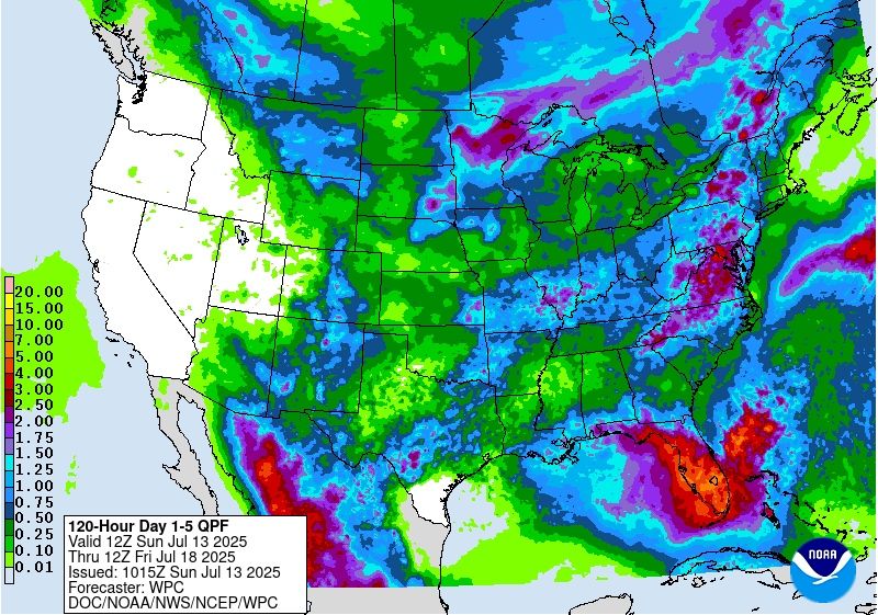 NWS forecasted rainfall through Friday morning shows totals exceeding 3-5” over most of the Florida peninsula. 