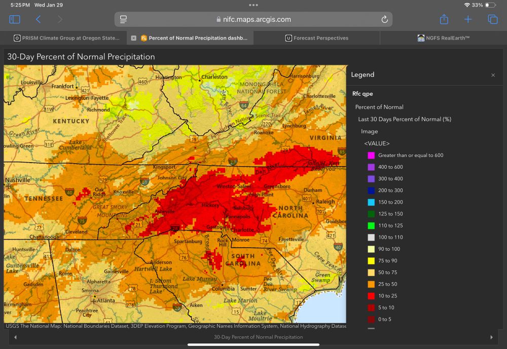 30-day percent of normal precipitation over the southern Appalachians. Dark red areas have seen <25% of normal amounts in this period. Generally the entire region has been drier than normal amid an unusually cold January, with a suppressed storm track well to the south.