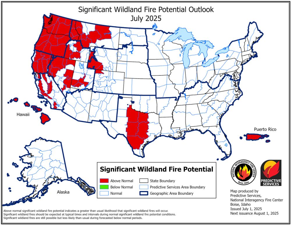 July’s sig fire potential outlook shows above normal risks in much of the northwestern part of the country (red), in addition to Hawaii, TX and Puerto Rico. 