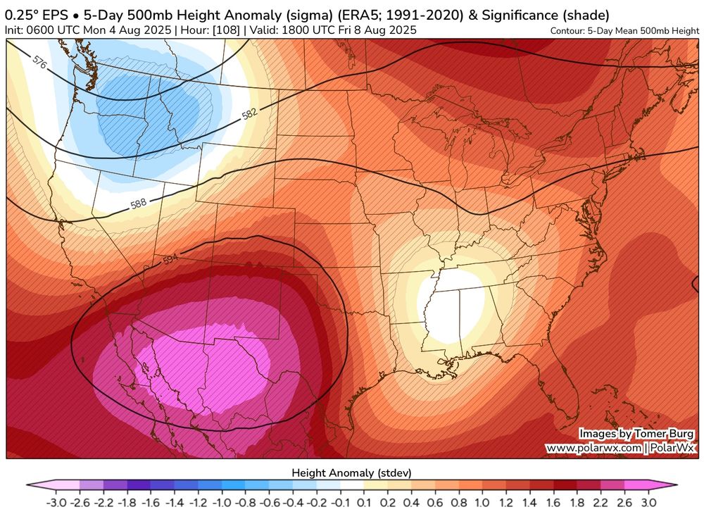 A 500 millibar anomaly map from Tomer Burg forecasted on Friday. Pink shading in Mexico and the Southwest denotes very strong ridging aloft, while blue in the greater Northwest denotes unusual roughing for this time of year. Enhanced southwest flow between these features will bring high impact fire weather to the Great Basin, Rockies and Southwest this week. 