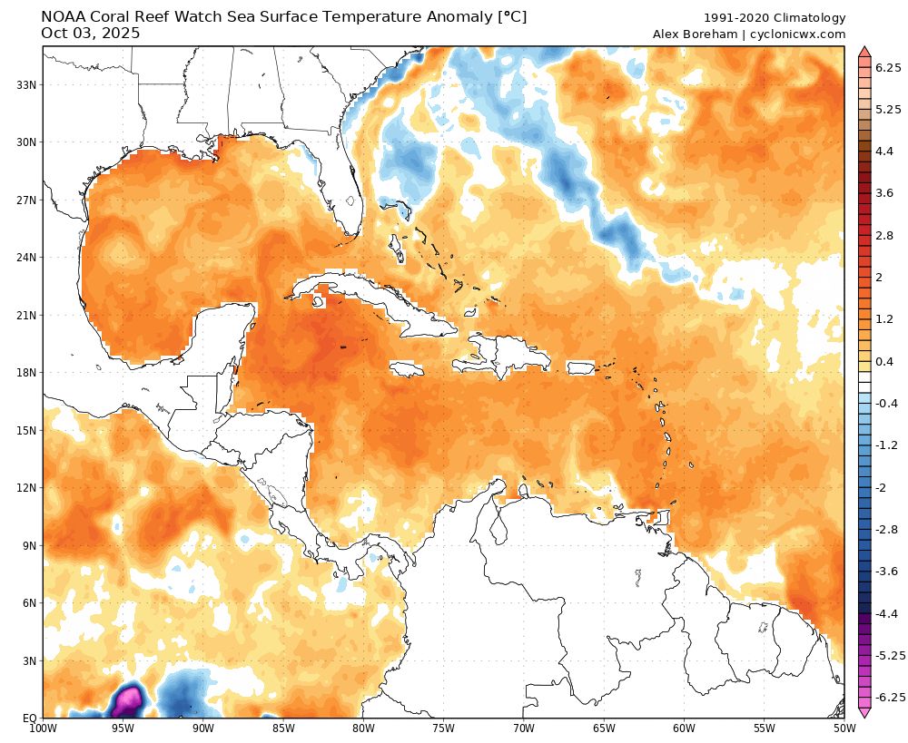 Cyclonicwx’s sea-surface temperature anomaly map across the western Atlantic. Darker orange and red areas are much warmer than normal, while blue shades off the East Coast are associated with cool upwelling behind Hurricanes Imelda and Humberto. 