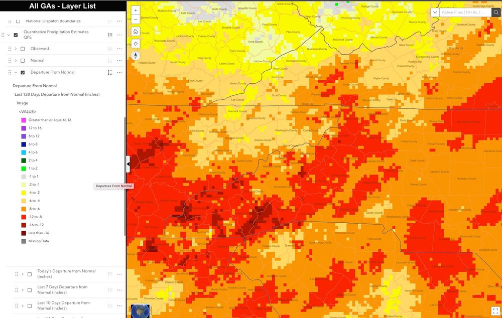 120-day precipitation departures are as high as 12-16”+ in the dark red areas and widely range from 6-12” in the southern Appalachians, Piedmont and adjacent areas. This dryness immediately followed Helene’s historic rainfall, which left the region in despair. 