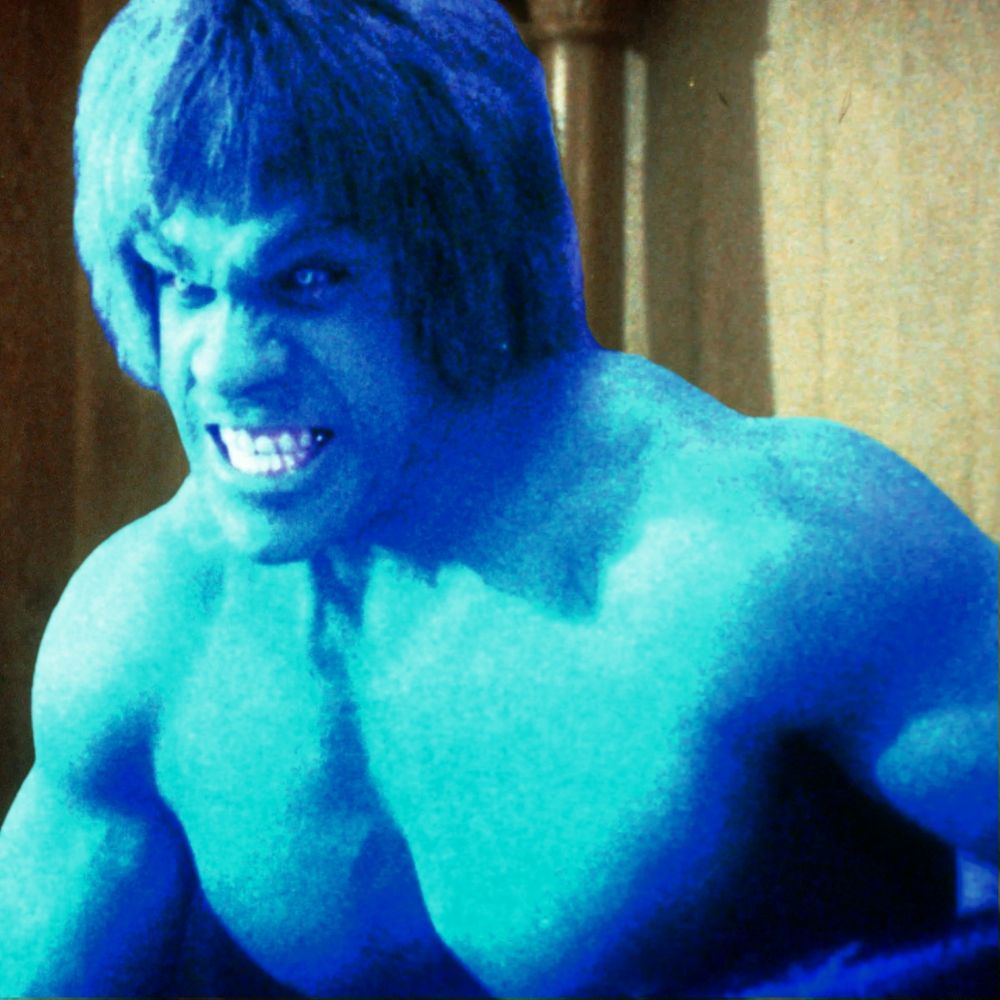 Lou Ferrigno as The Incredible Hulk in the 70s/80s Hulk show with Bill Bixby, digitally recoloured blue.