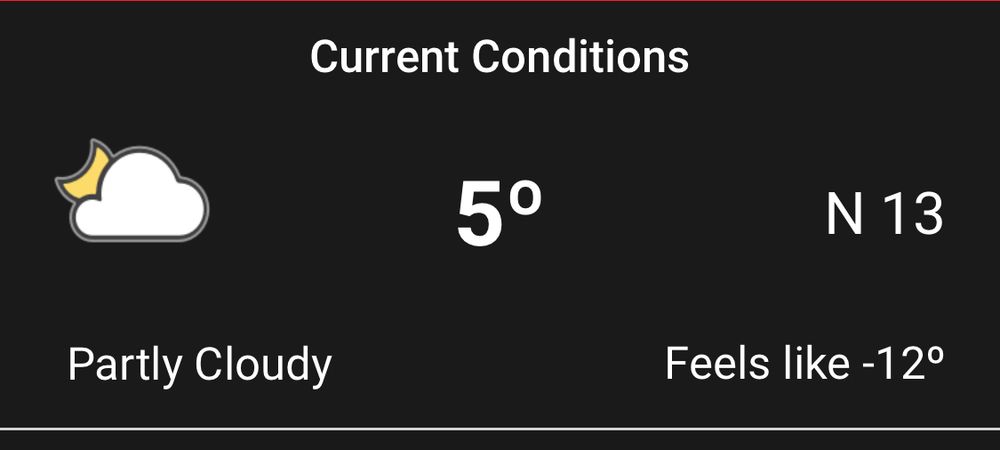 A screenshot of current weather conditions showing five degrees Fahrenheit with a feels like of negative twelve degrees Fahrenheit 