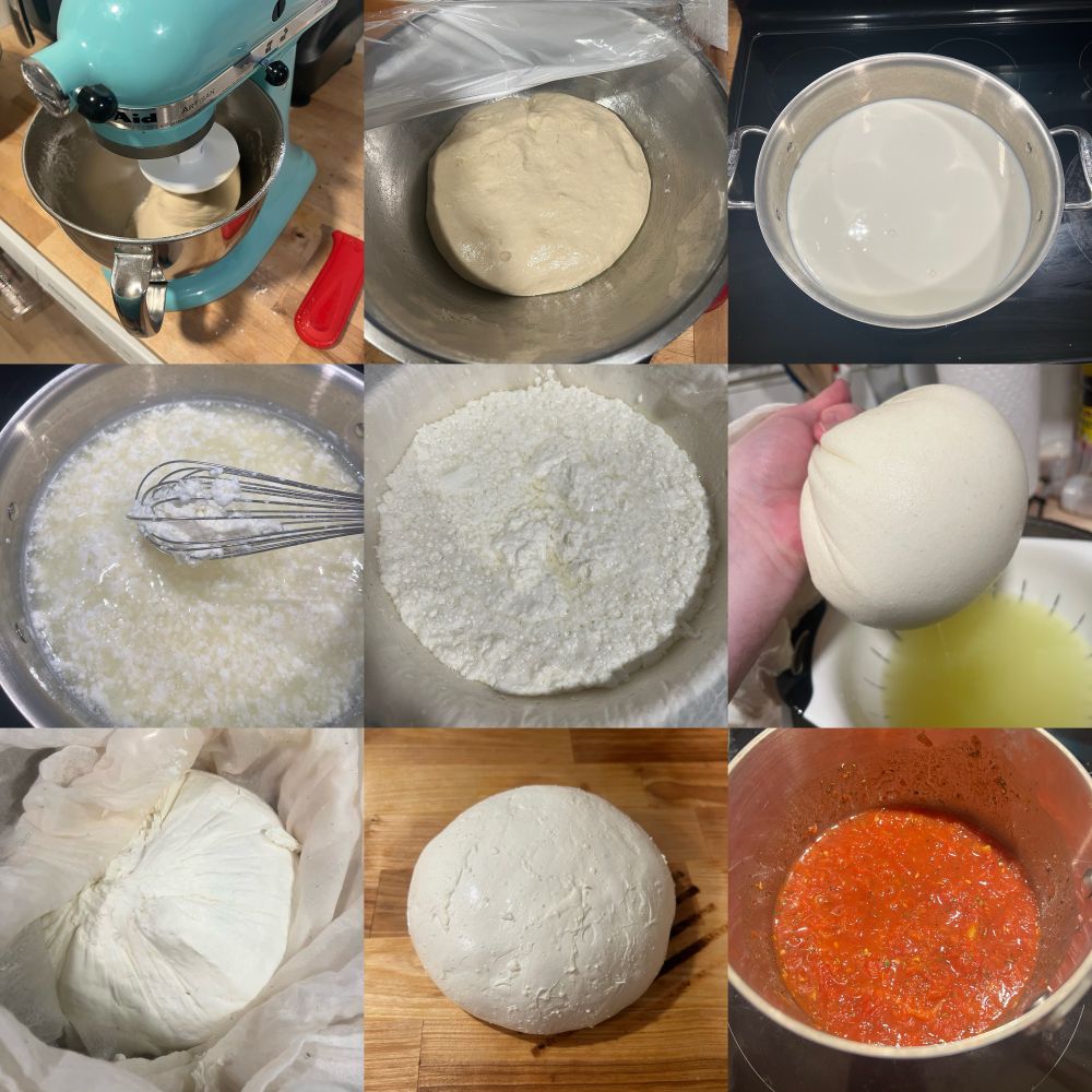Various stages of dough, mozzarella and tomato sauce being made.