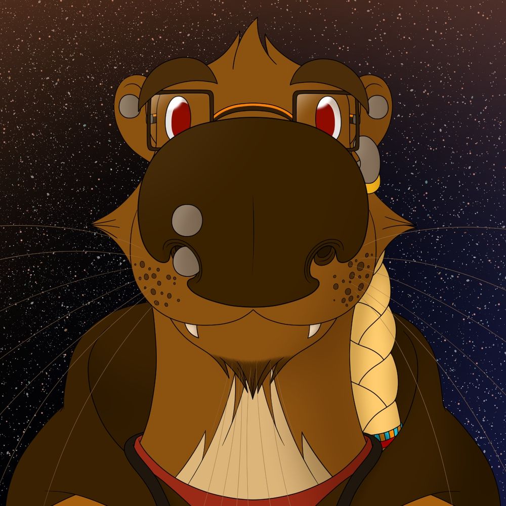 Headshot of an anthropomorphic otter with a very large nose, red eyes, several piercings, and wearing glasses.  Outer space background.