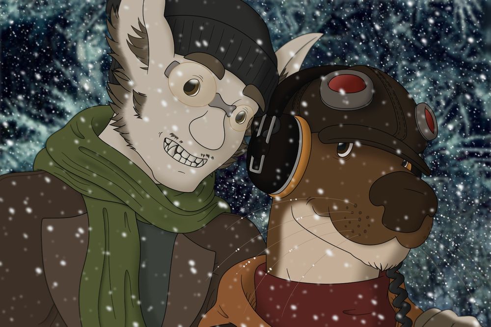 Portrait of two characters in a snowy, wooded area.  A humanoid with off-white skin, brown fur, and tall pointy ears, wearing a green scarf and other winter clothes, leans against an anthropomorphic otter wearing old-fashioned headphones and a hat that hoods his eyes.  The humanoid is smiling for the camera.  The otter is smiling awkwardly but seems to be looking more toward the humanoid than the camera.
