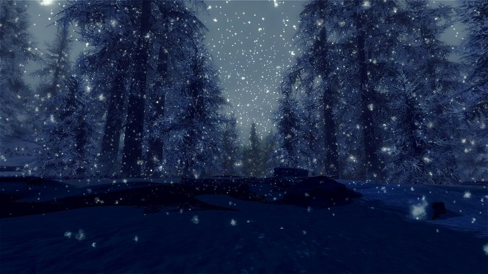 Modded Skyrim screenshot, in Hjaalmarch near Stonehills.  Snow falls on a dark, forested creek.