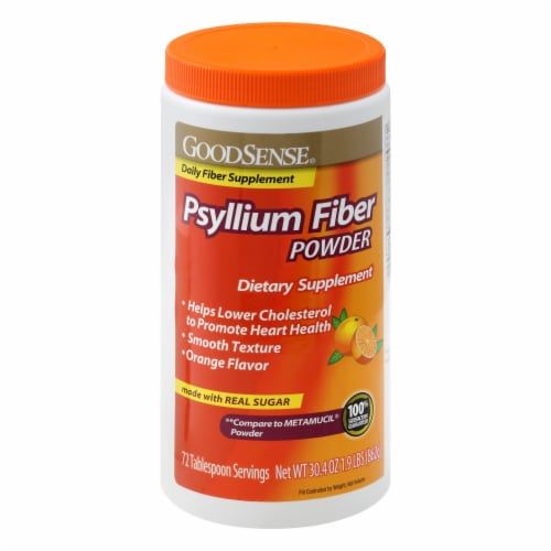 A bottle of orange-flavored psyllium fiber powder.