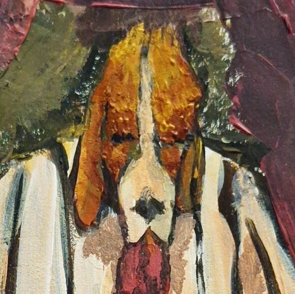 Dog man in a button down shirt, with stripes on the shirt parallel to his body. He is looking down.
A red ribbon (that was supposed to be pink, fyi) tied around his neck is seen dangling just behind his chin.