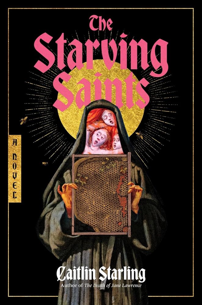 The book cover for The Starving Saints by Caitlin Starling. Depict a hooded nun-like figure holding some nasty looking honeycomb. Instead of a face the inside of the hood is full of three faces with mouths open. Is that in pain or pleasure? Dealer's choice.