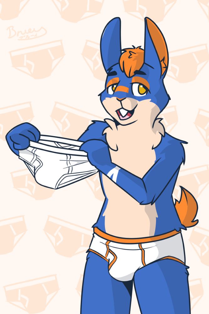 Bruey wearing just his underpants and is holding up a pair of briefs to offer the viewer.