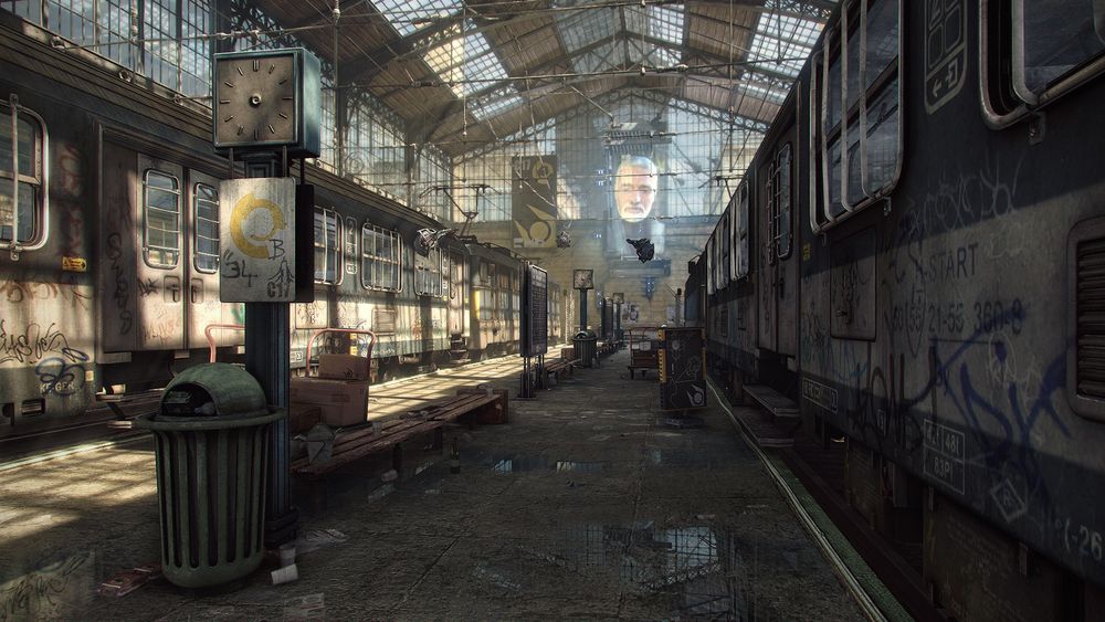 Half Life 2 opening scene with fascist leader on screen running on endless loop in an empty train station.