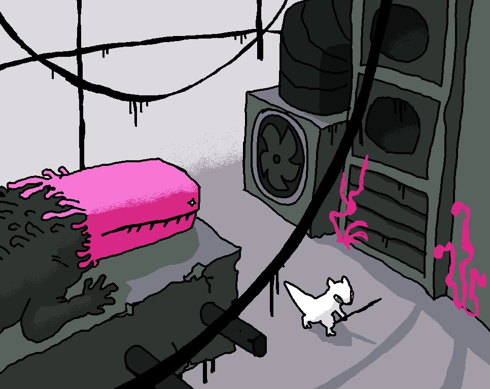 a slugcat walks through a decaying, urban environment, a pink lizard is watching from a ledge above 
