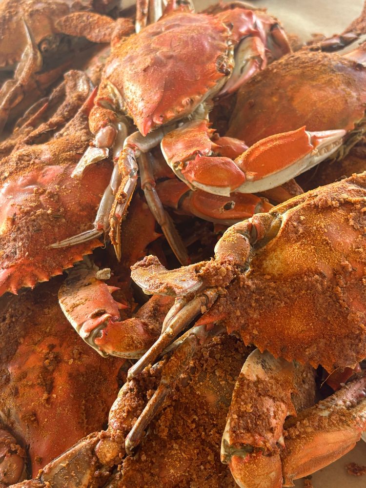 Steamed crabs covered with Old Bay