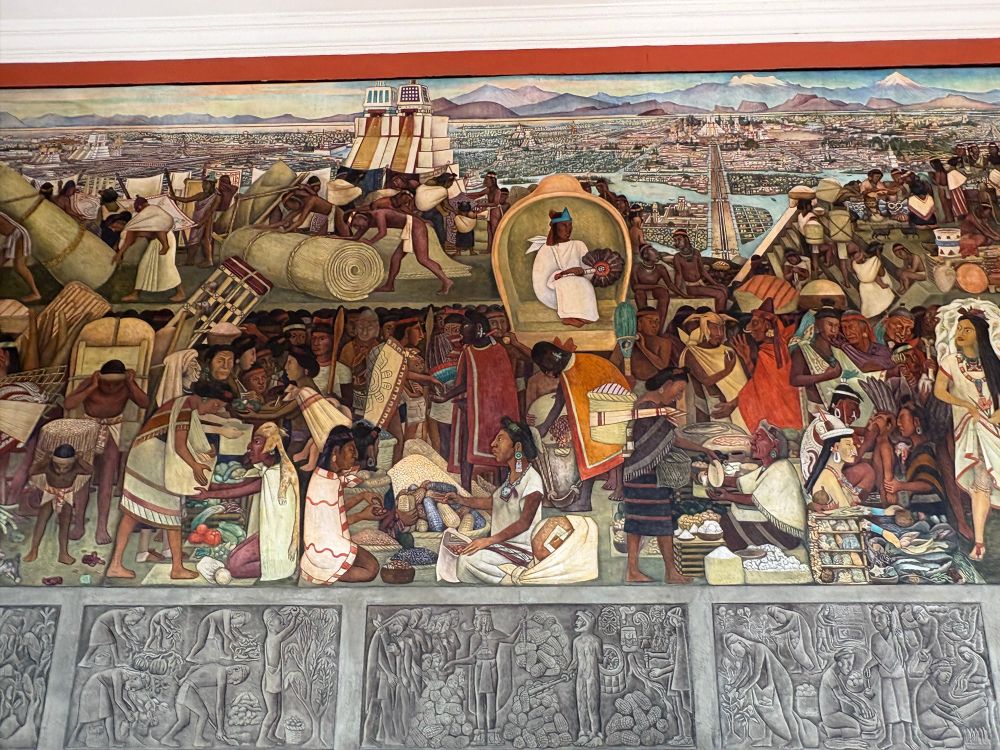 A mural depicts the Aztec city of Tenochtitlan  
