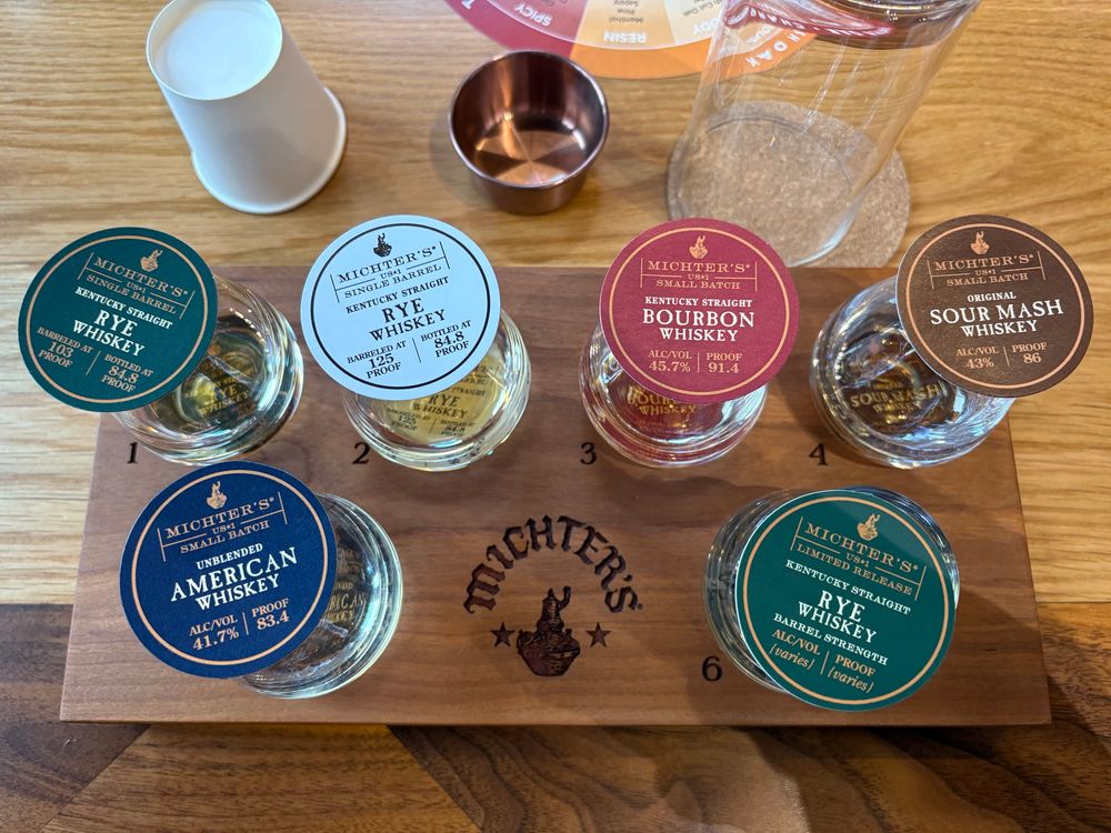 Six labeled glasses, one each for: rye, higher proof in barrel rye, bourbon, sour mash, American whiskey, and barrel strength rye. 