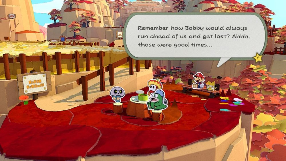Mario and Olivia sitting on a park-style bench in an Autumn themed level. Olivia has a text box reading “remember how Bobby would always run ahead of us and get lost? Ahhh, those were good times…”