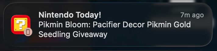 iOS notification from Nintendo Today app with text "Pikmin Bloom: Pacifier Decor Pikmin Gold Seedling Giveaway"