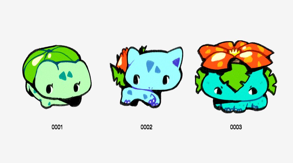 digital drawing of pokemon bulbasaur, ivysaur, venusaur numbered by pokedex