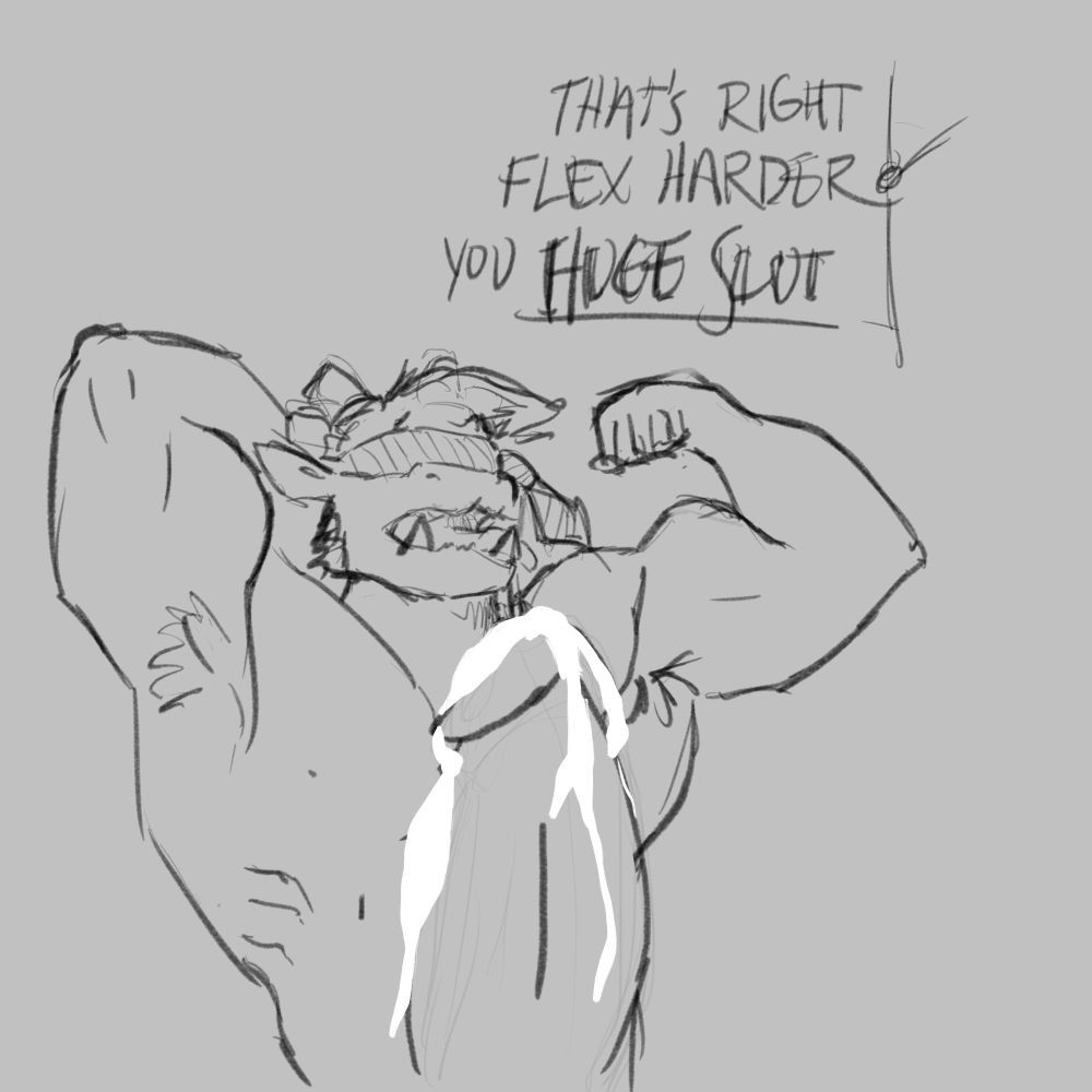 A sketch of a big muscly dragon with a neck tie tied over his eyes flexing both of his large biceps. His giant cock is standing erect almost up to his chin and is oozing a lot of precum. Someone off panel is saying “That’s right, flex harder you *huge slut*”