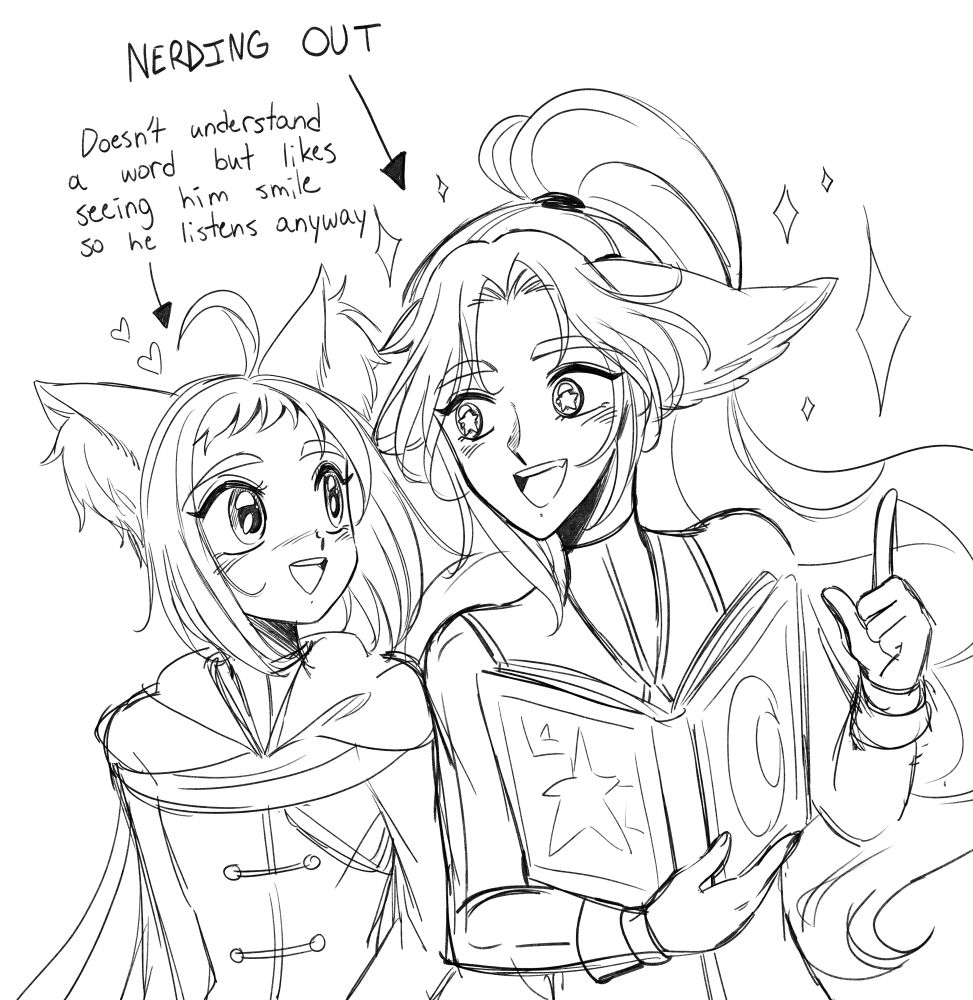 Sora (tall ponytail boy) is a massive magic and astrology nerd. Here he is nerding out to his boyfriend Juno (shorter boy) who understands literally nothing that is coming out of his mouth, but he listens anyway cause he loves seeing Sora smile